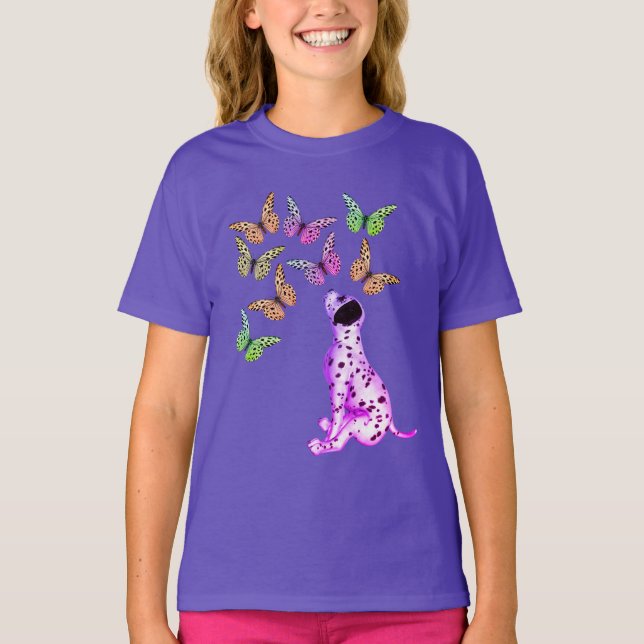 Dalmatiska hundvalpar och färgade fjärilar t shirt (Framsida)
