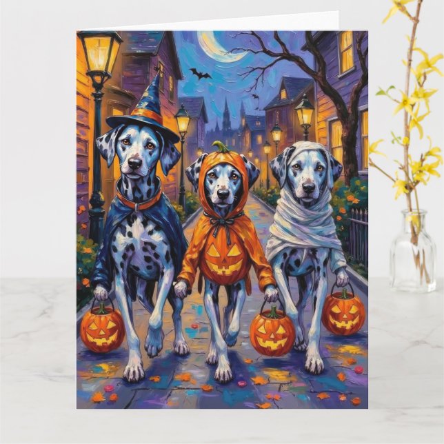 Dalmatiska trick- eller-Treating Halloween Costume Kort (Gul blomma)