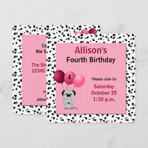 Dalmatiskt tema om rosa 4e födelsedagen Party Inbjudningar