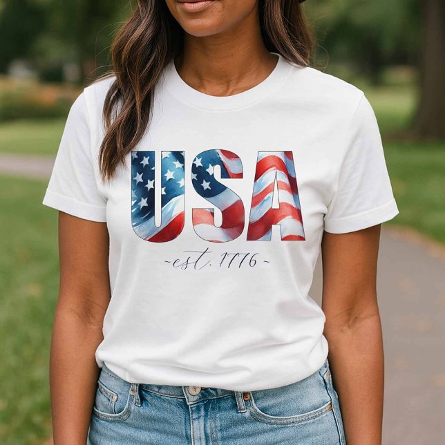 Dam 4:e juli-sjöfarten t shirt (Patriotic t shirts with USA est 1776 American Flag)