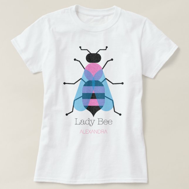 Dam Bee Cute Girly Roligt Black Blue Rosa Glitter T Shirt (Design framsida)