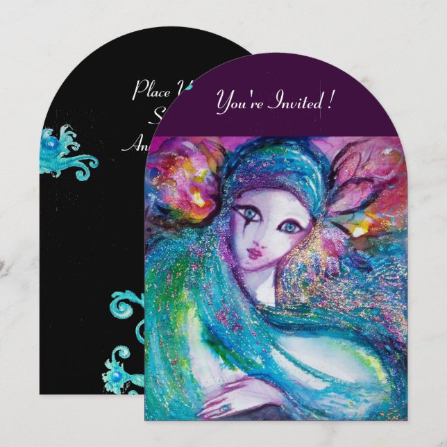 DAM BLUE MASK Elegant Masquerad Party,Teal Black Inbjudningar (Fram/baksida)