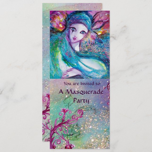 DAM BLUE MASK Elegant Masqueraprogrammet Party Inbjudningar (Fram/baksida)