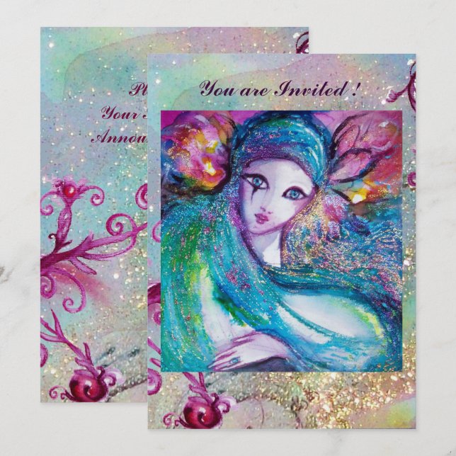 DAM BLUE MASK Elegant Party Teal Rosa Inbjudningar (Fram/baksida)