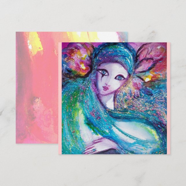 DAM BLUE MASK Masquerad Party Rosa Teal Inbjudan (Fram/baksida)