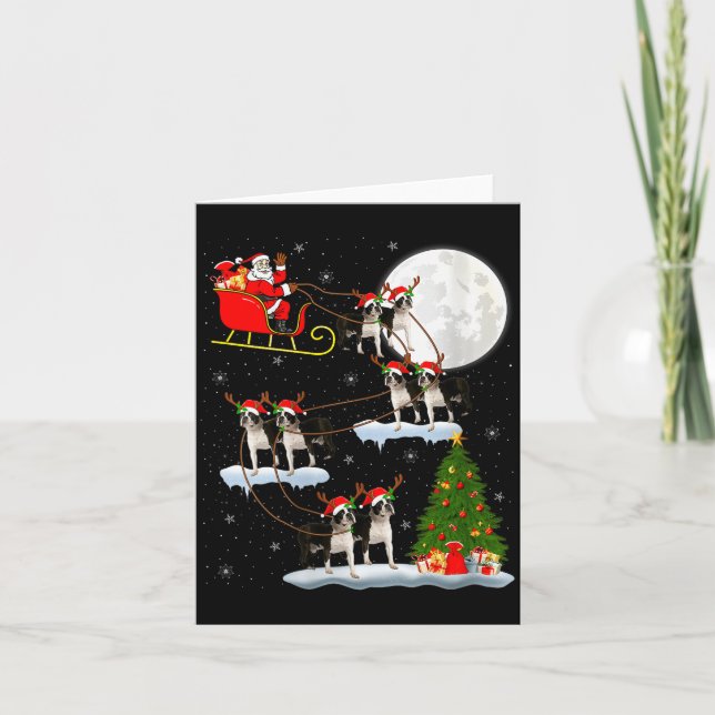 Dam Boston Terrier Hund Santa Sleigh Flygande Roli Kort (Framsida)
