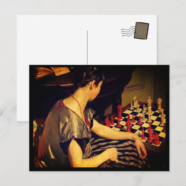 Dam Chess Player Vintage Art nittonhundratalet Vykort (Fram/baksida)