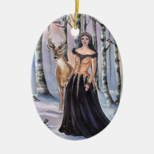 Dam Chickadee fantasyart av Renee Lavoie Julgransprydnad Keramik