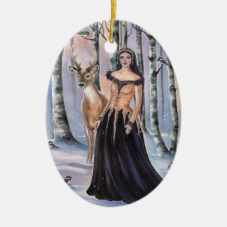 Dam Chickadee fantasyart av Renee Lavoie Julgransprydnad Keramik