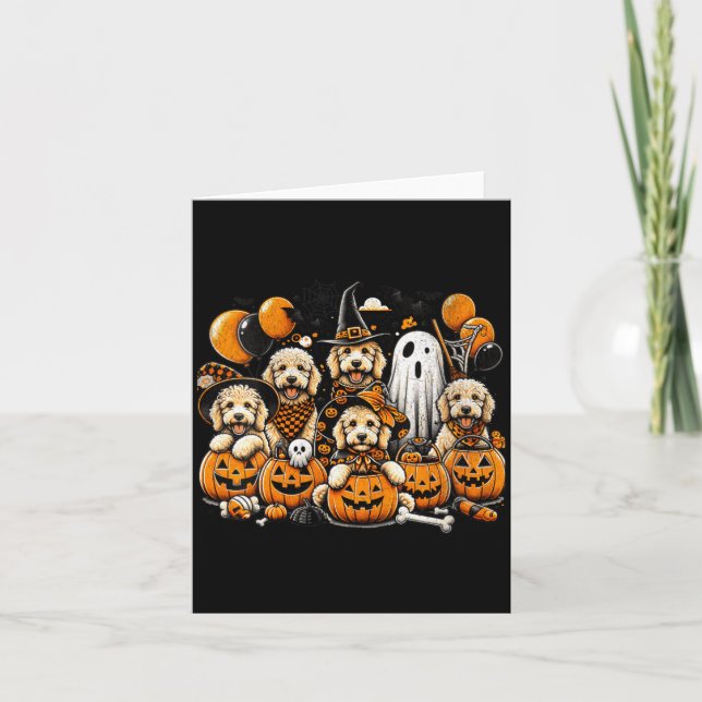 Dam Cute Ghost Och Häxa Goldendoodle Halloween Kort (Framsida)