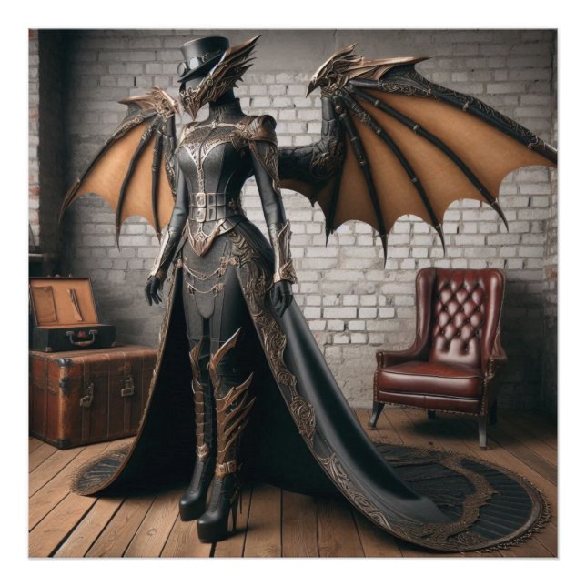 Dam Dragon Rider Steampunk Victorian Industrial Fototryck (Framsidan)