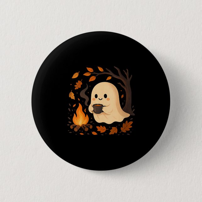 Dam Ghost By Campfire With Mug V-ringad  Knapp (Framsida)