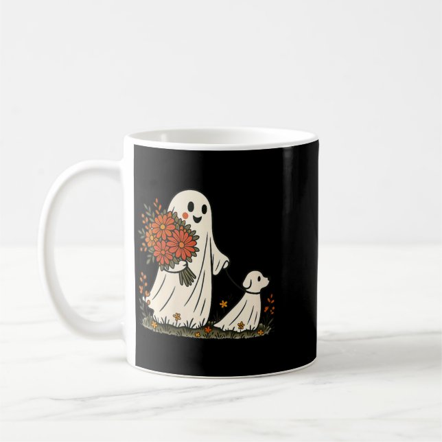 Dam Ghost Walking Dog Skräckig Rolig Halloween Kaffemugg (Vänster)