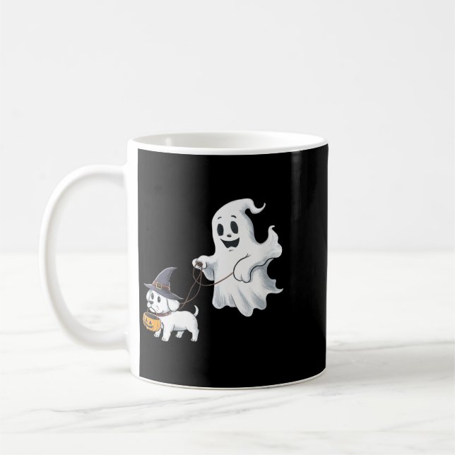 Dam Ghost Walks The Dog Halloween V-ringad tröja Kaffemugg (Vänster)