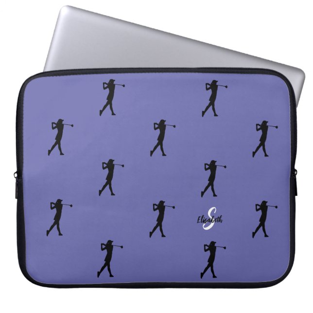 Dam Golfer Mönster Monogram Namn Periwinkle Blue Laptop Fodral (Framsidan)