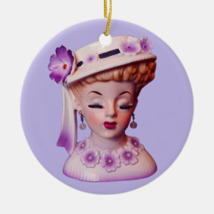 Dam Head Vas Lila blommor 1960-talets doll Julgransprydnad Keramik