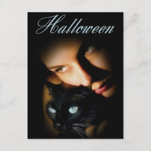 Dam & hennes katt med blåa ögon Halloween vykort