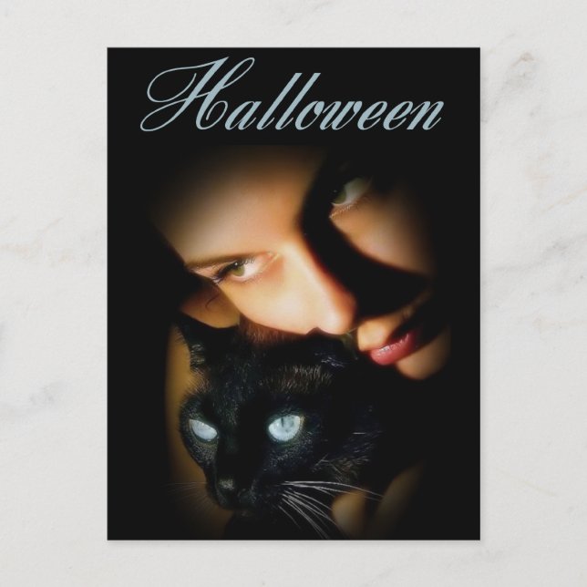 Dam & hennes katt med blåa ögon Halloween vykort (Framsida)