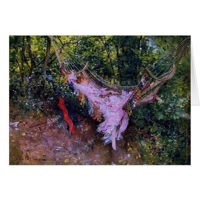 Dam i A Hammock i Rosa Dress Hälsningskort (Framsidan Horizontal)