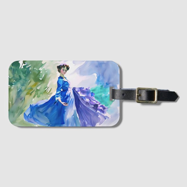 Dam i blå kruka - vattenfärgsfärg bagagebricka (Framsida horisontal)