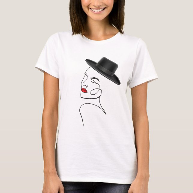 Dam i Black Hat med Red Läppar Line Art T Shirt (Framsida)
