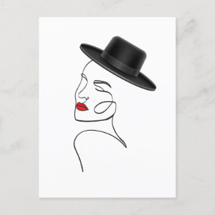 Dam i Black Hat med Red Läppar Line Art Vykort