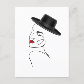 Dam i Black Hat med Red Läppar Line Art Vykort