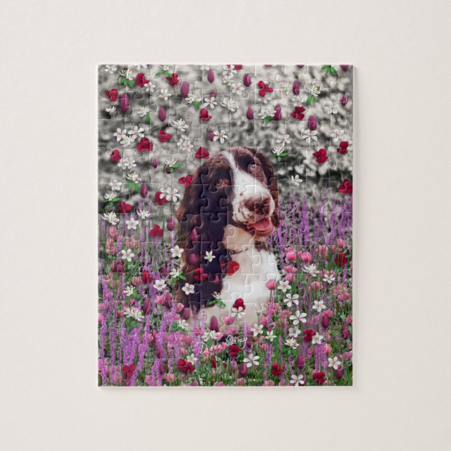 Dam i blommor - hund för Brittany Spaniel Pussel (Vertikal)