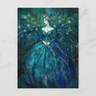 Dam i den blå peacock-klänningen vykort