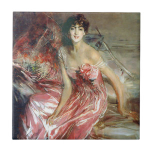 Dam i en Rosa Dress (av Giovanni Boldini) Kakelplatta