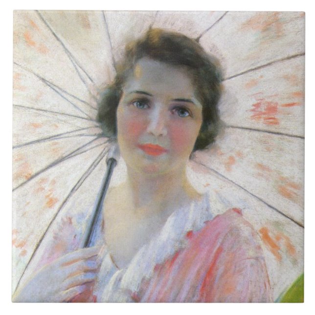 Dam i en Rosa Dress med parasol (Robert Reid) Kakelplatta (Framsidan)