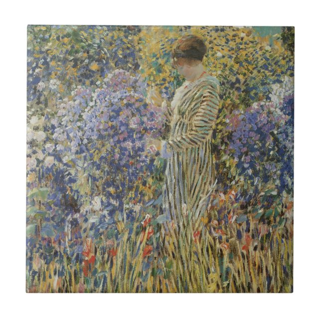 Dam i en trädgård av Frederick Frieseke, konst Kakelplatta (Framsidan)