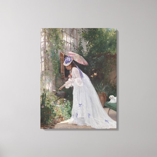 Dam i en trädgårdsskötsel för hennes blommor med K Canvastryck (Framsida)