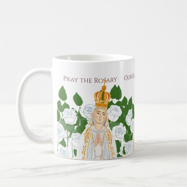 Dam i Fatima och vit ros Kaffemugg (Vänster)