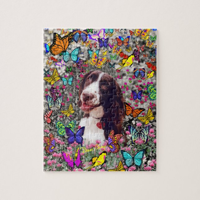 Dam i fjärilar - hund för Brittany Spaniel Pussel (Vertikal)