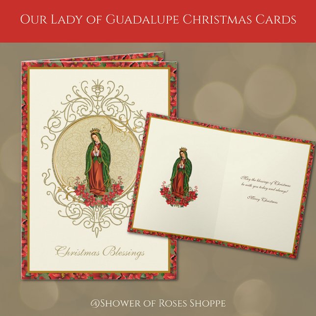 Dam i Guadalupe-jultomten Poinsettia Helgdag Helgkort (Our Lady of Guadalupe Christmas Cards with red poinsettias)