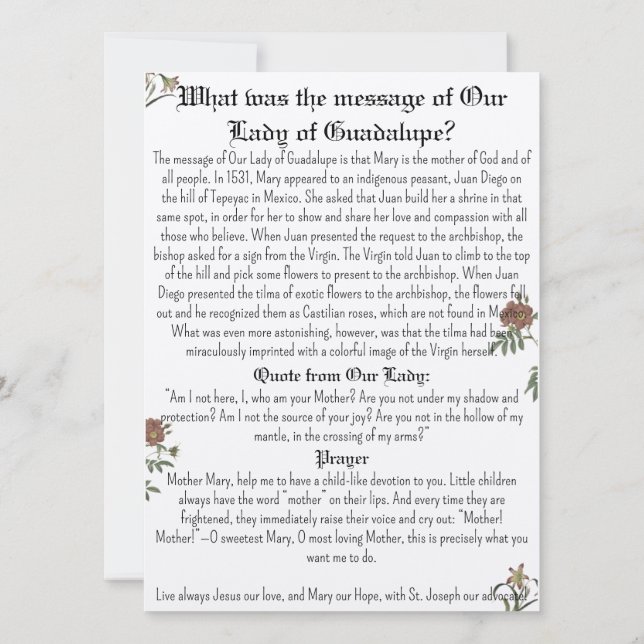 Dam i Guadalupe Prayer Card Inbjudningar (Baksida)