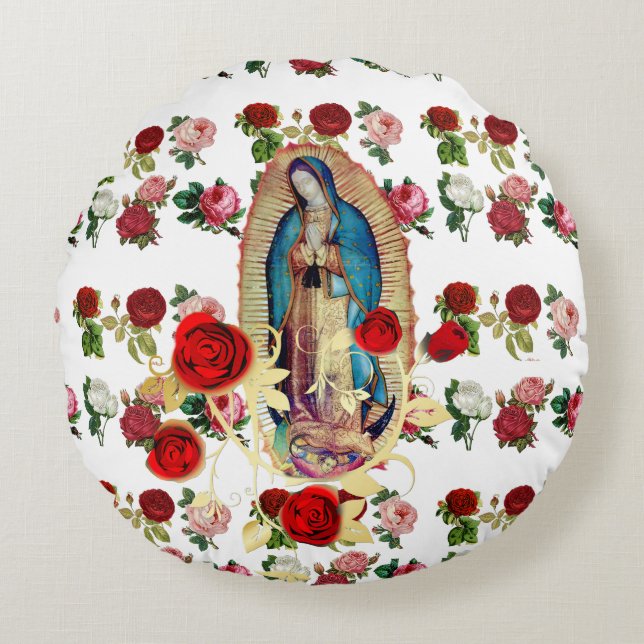 Dam i Guadalupe Ro Virgin Mary Saint Rund Kudde (Framsidan)