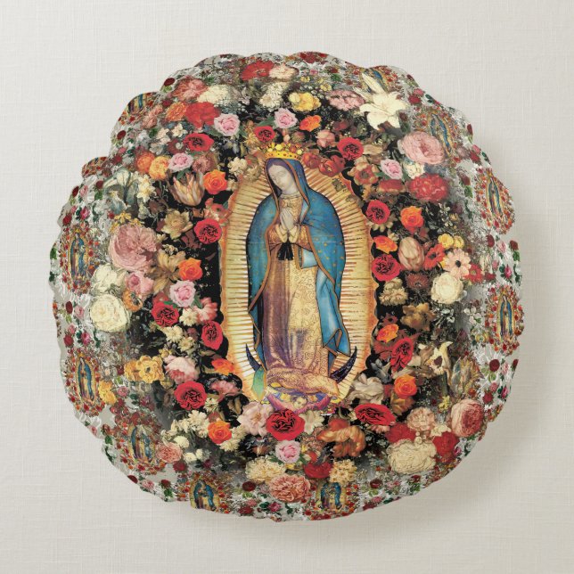Dam i Guadalupe Virgin Mary Catholique Saint Rund Kudde (Framsidan)