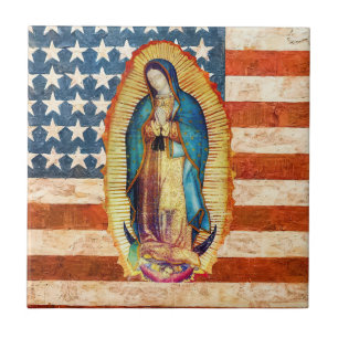 Dam i Guadalupe Virgin Mary USA flagga Kakelplatta