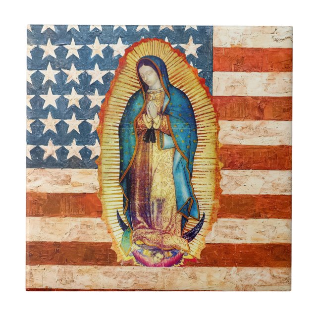 Dam i Guadalupe Virgin Mary USA flagga Kakelplatta (Framsidan)