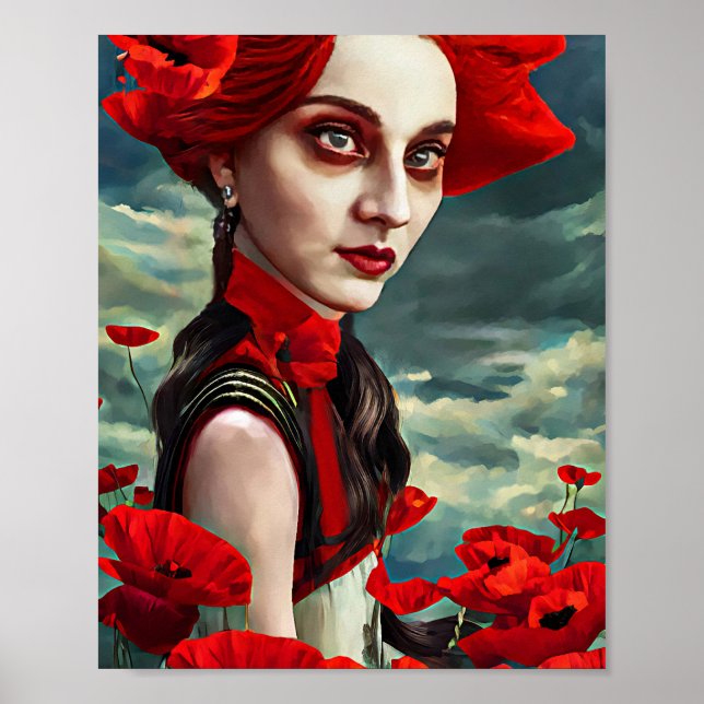 Dam i Poppy Flowers fantasyoriginalkonst Poster (Framsidan)