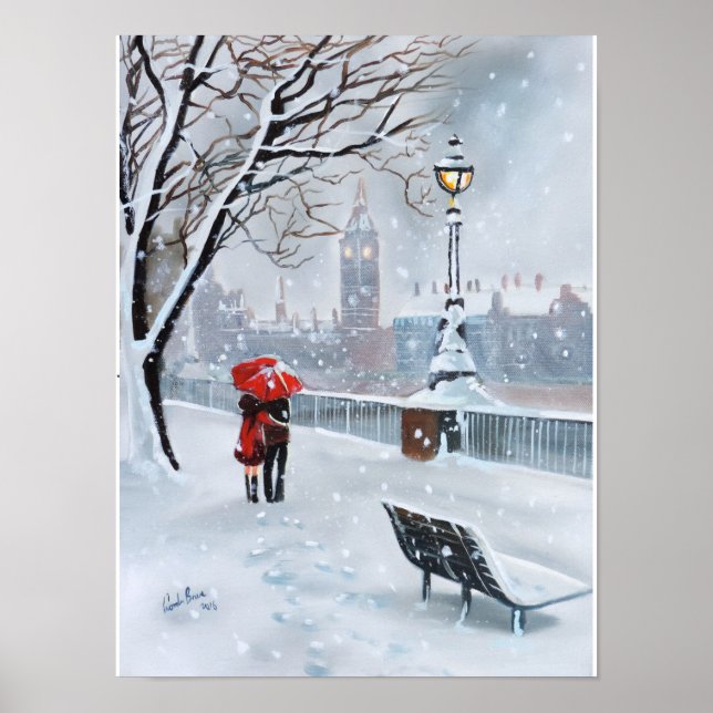 Dam i Red romantic lite snowy London Poster (Framsidan)