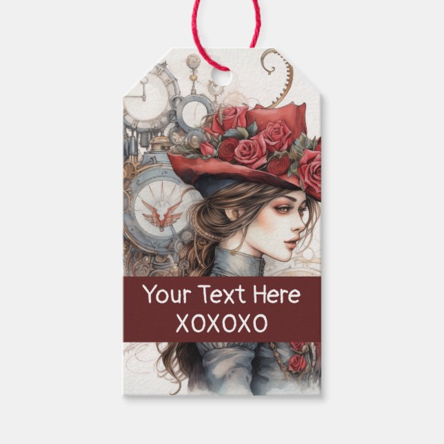 Dam i Red Valentine Kiss steampunk vattenfärg Presentetikett (Framsidan)