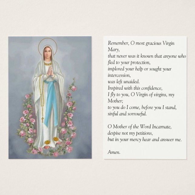 Dam i Rosary Lourdes Memorare Prayer Visitkort (Framsida & baksida)