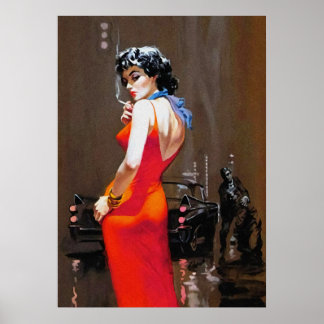 Dam i Vintagen Red Dress Pulp Cover art Poster
