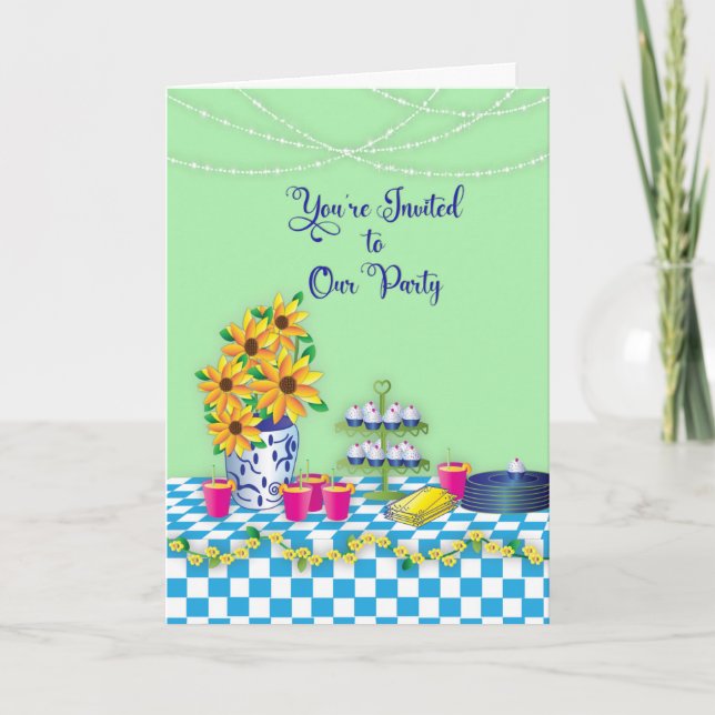 Dam Luncheon Party-inbjudan Blue Gingham Kort (Framsida)