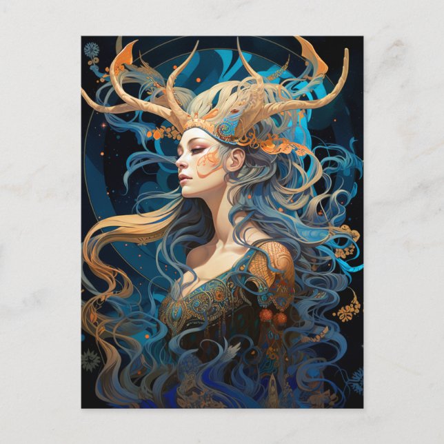 Dam med Antlers Boho Fantasy Art-vykort Vykort (Framsida)