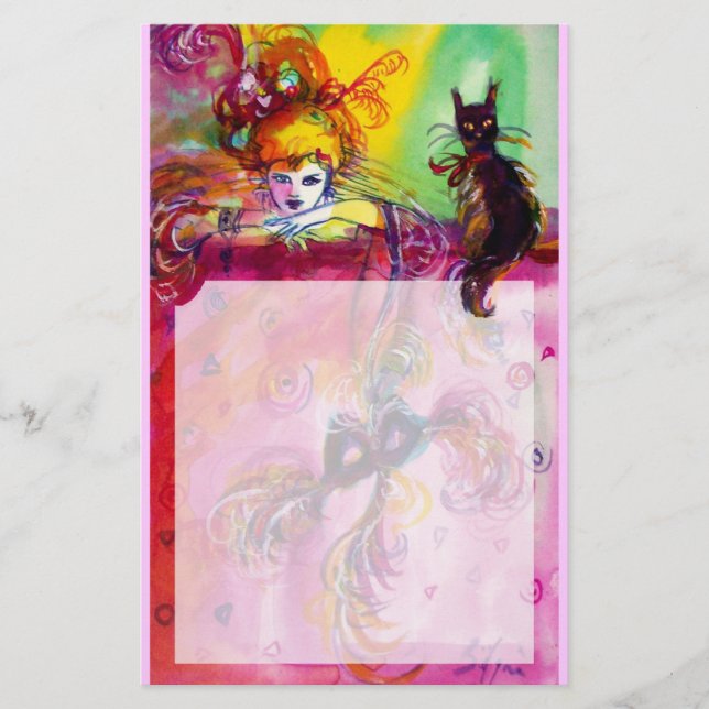 DAM MED BLACK CAT/Venetian Masqueraad Brevpapper (Framsida)