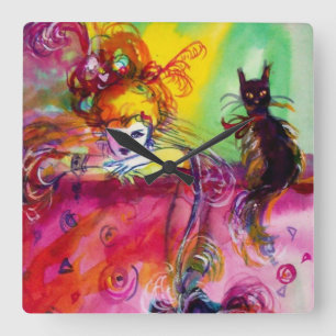 DAM MED BLACK CAT/Venetian Masqueraad Fyrkantig Klocka